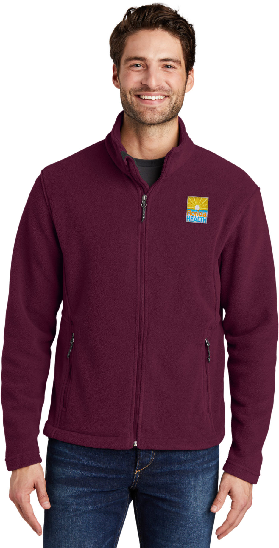 Male Model Wearing Full Zip Fleece in Maroon