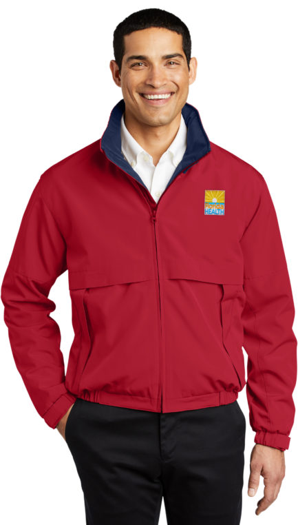 Male Model Wearing Bright Red Full Zip Jacket with a navy lining