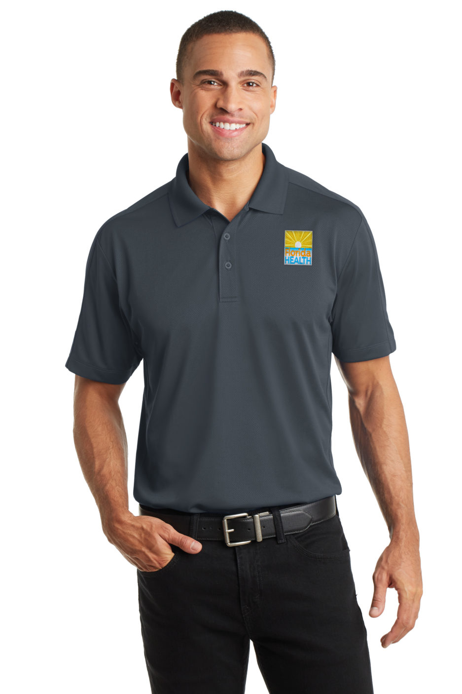 Male Model Wearing Graphite Colored Polo in K569