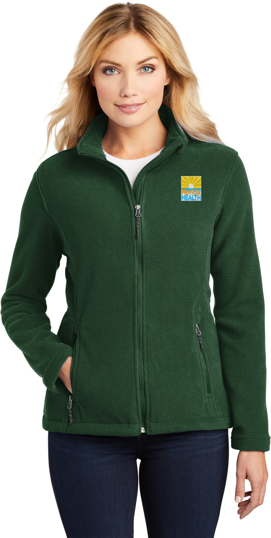 Female Model Wearing Forrest Green Fleece Full Zip up Jacket