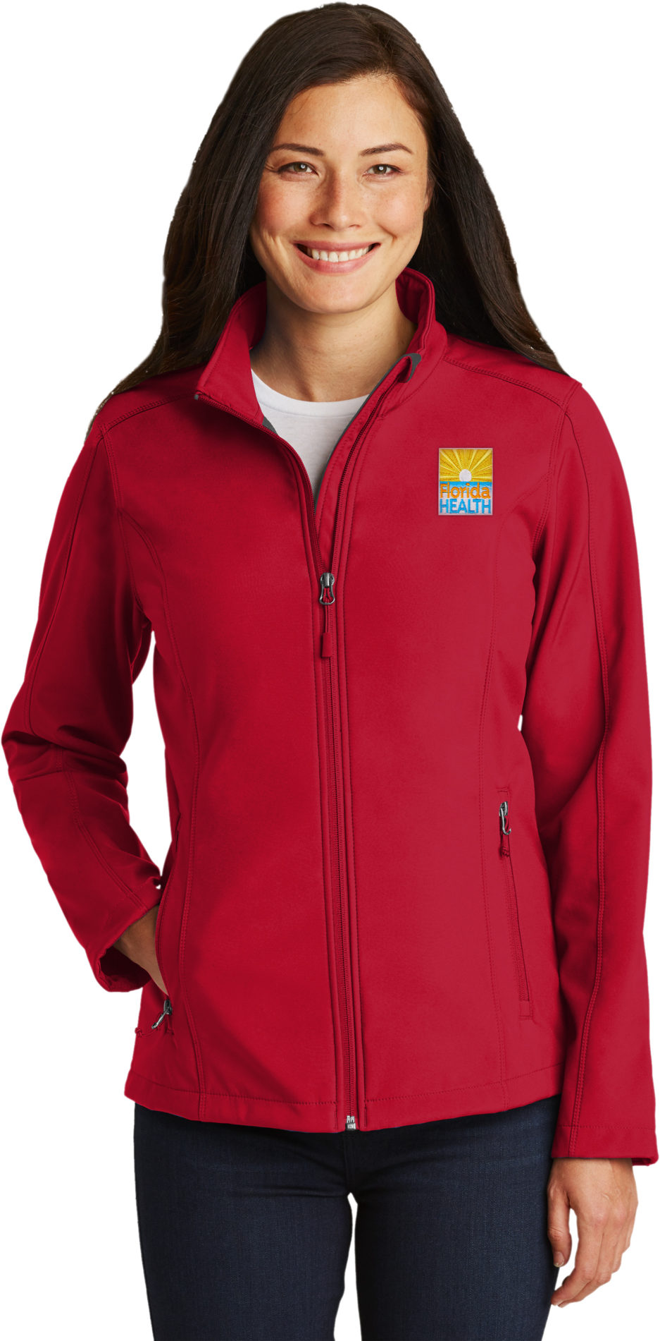 Female Model Wearing Bright Red Full Zip Jacket with Pockets