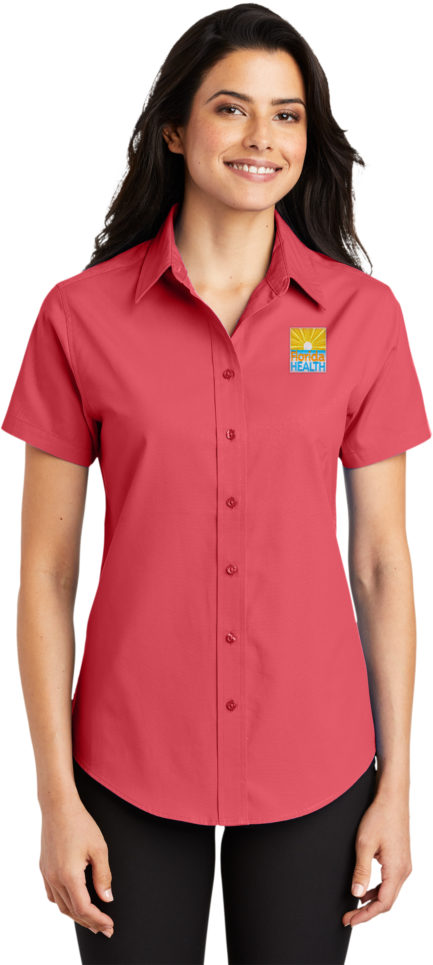 Female Model Wearing L508 Polo in Hibiscus