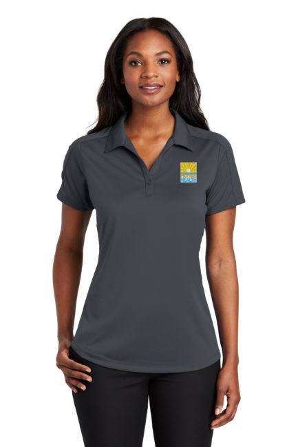 Female Model Wearing L569 Polo in Graphite