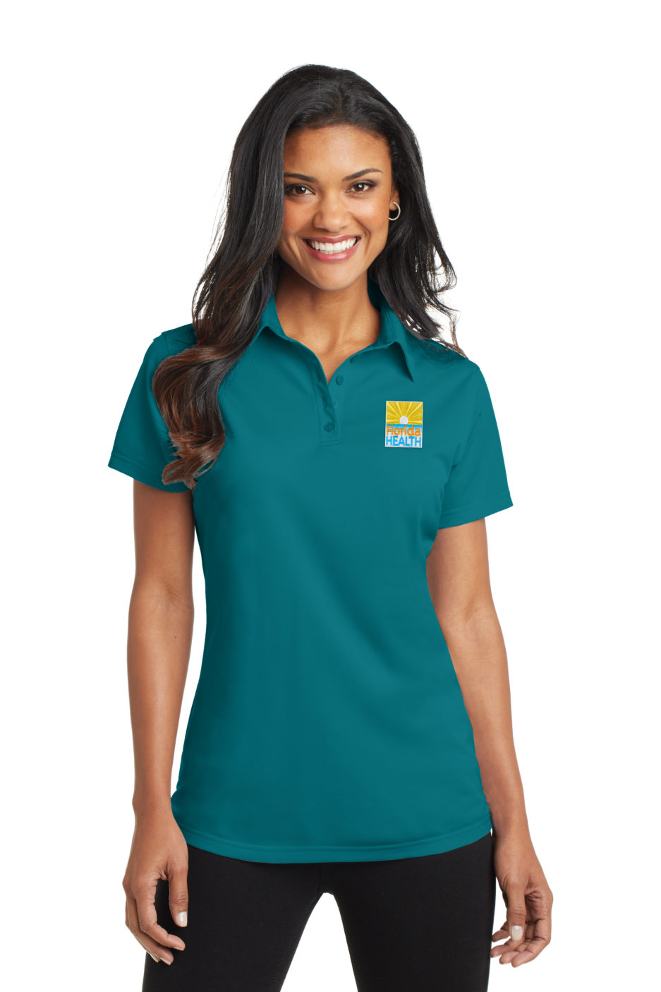 Female Model Wearing L571 Polo in Dark Teal