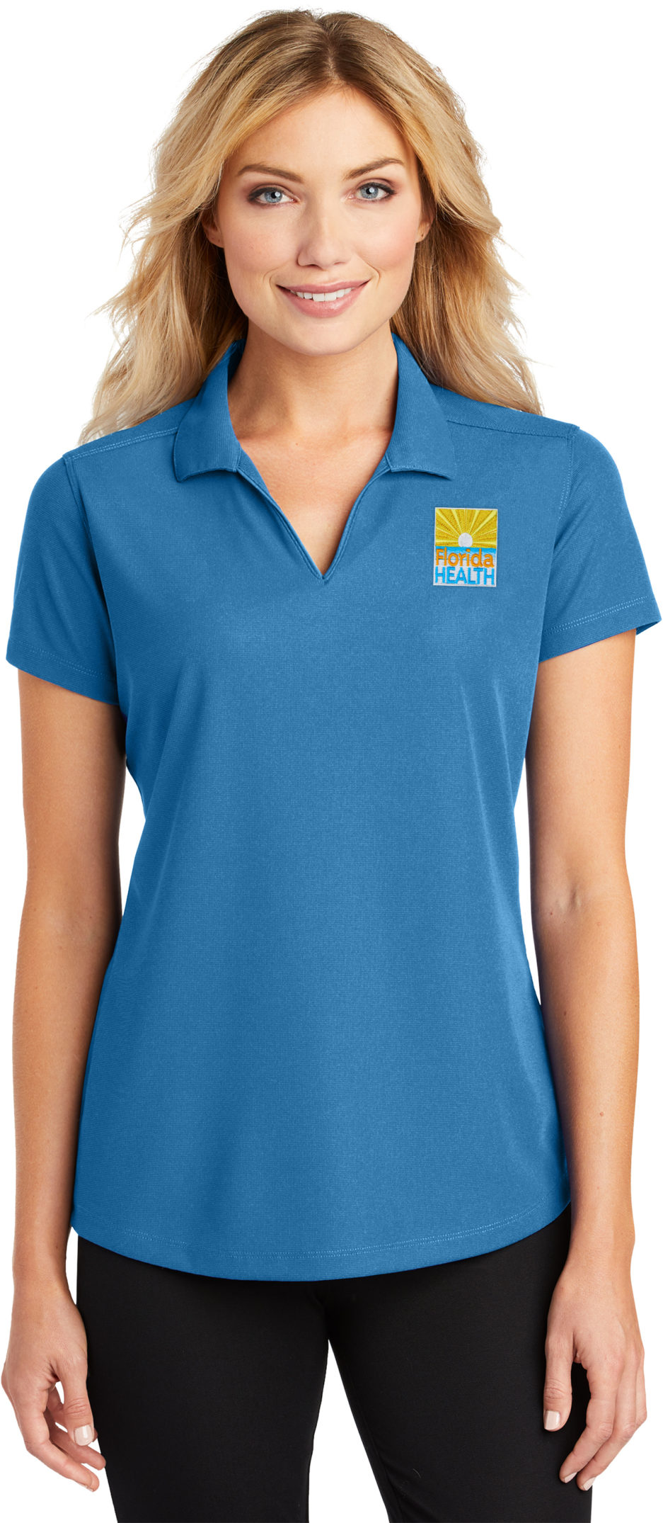 Female Model Wearing L572 Polo in Celadon Blue