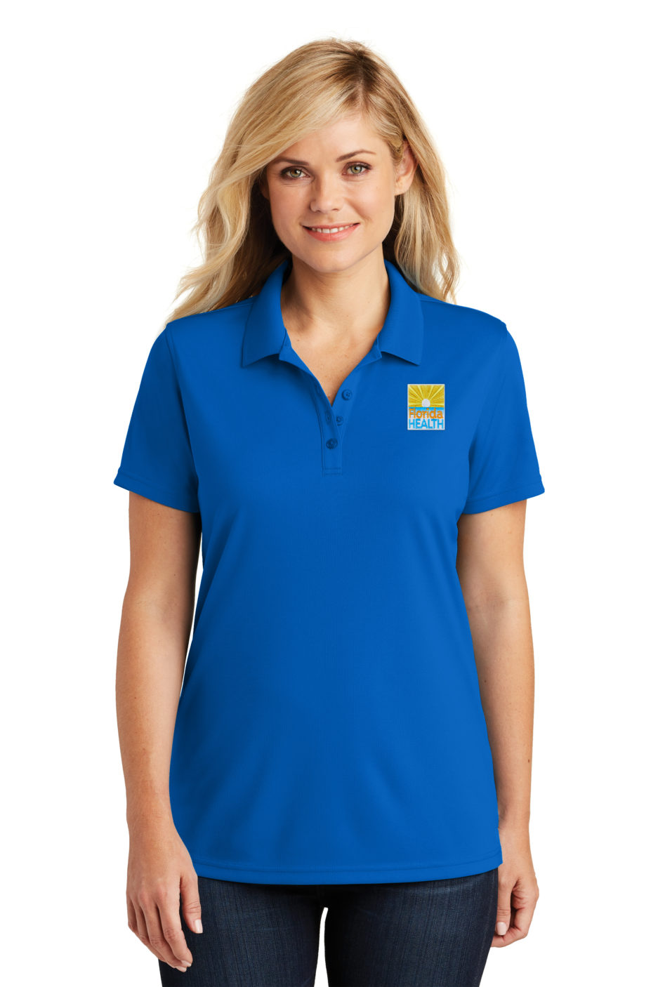 Female Model Wearing LK110 Polo in True Royal