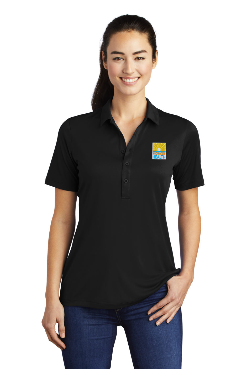 Female Model Wearing LST520 Polo in Black